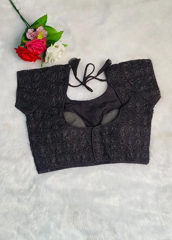 Black__Organza_Silk_Round_Neck_Embroidery_Diamond_Work_Blouse_For_Women