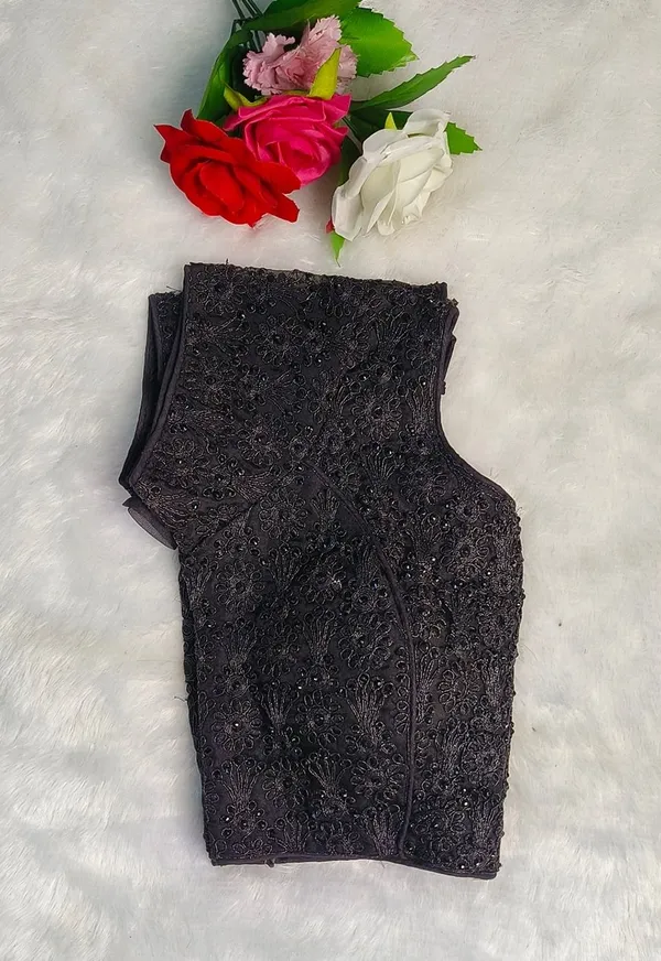 Black__Organza_Silk_Round_Neck_Embroidery_Diamond_Work_Blouse_For_Women