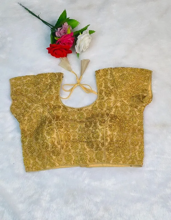 Gold_Organza_Silk_Diamond_Embroidery_Work_Round_Neck_Blouse_For_Women