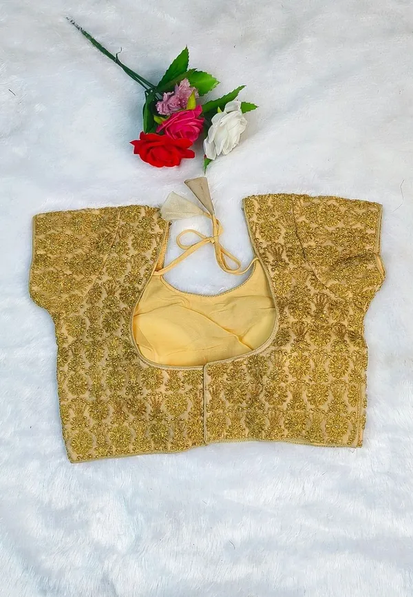 Gold_Organza_Silk_Diamond_Embroidery_Work_Round_Neck_Blouse_For_Women