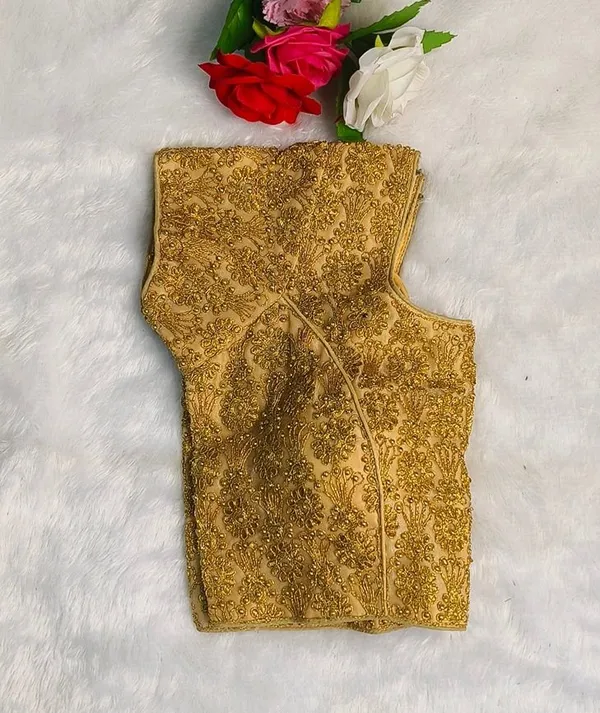 Gold_Organza_Silk_Diamond_Embroidery_Work_Round_Neck_Blouse_For_Women