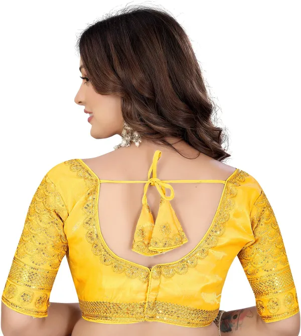 Yellow_Silk_Fashion_Neck_Zari_Embroidered_Blouse_For_Women