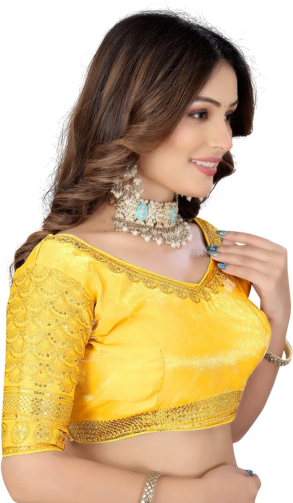 Yellow_Silk_Fashion_Neck_Zari_Embroidered_Blouse_For_Women