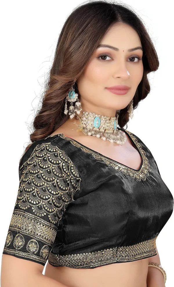 Black_Silk_V-Neck_Jari_Embroidered_Designer_Blouse_For_Women