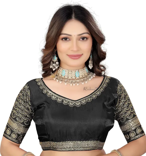 Black_Silk_V-Neck_Jari_Embroidered_Designer_Blouse_For_Women