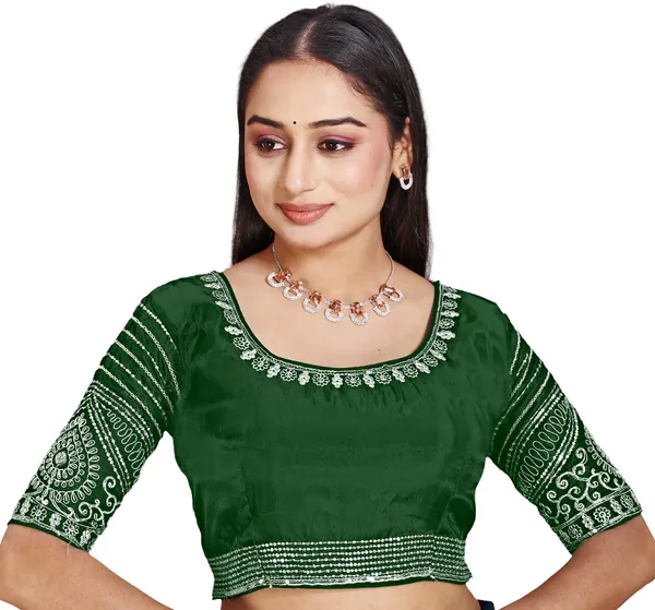 Dark_Green_Silk_Round_Neck_Embroidered_Blouse_For_Women