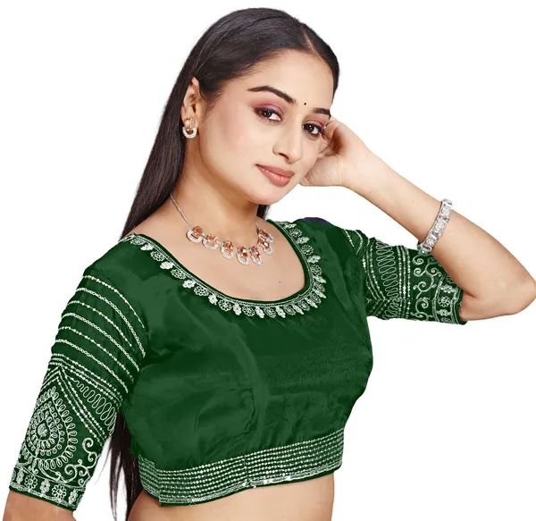 Dark_Green_Silk_Round_Neck_Embroidered_Blouse_For_Women
