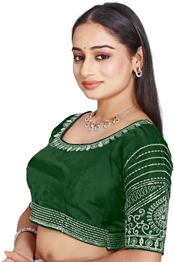 Dark_Green_Silk_Round_Neck_Embroidered_Blouse_For_Women