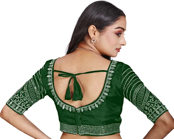 Dark_Green_Silk_Round_Neck_Embroidered_Blouse_For_Women