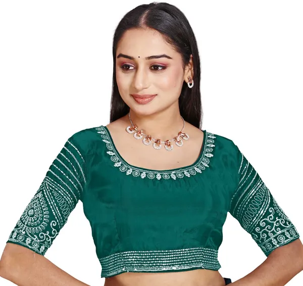 Green_Silk_Embroidered_Round_Neck_Blouse_For_Women