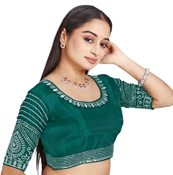 Green_Silk_Embroidered_Round_Neck_Blouse_For_Women