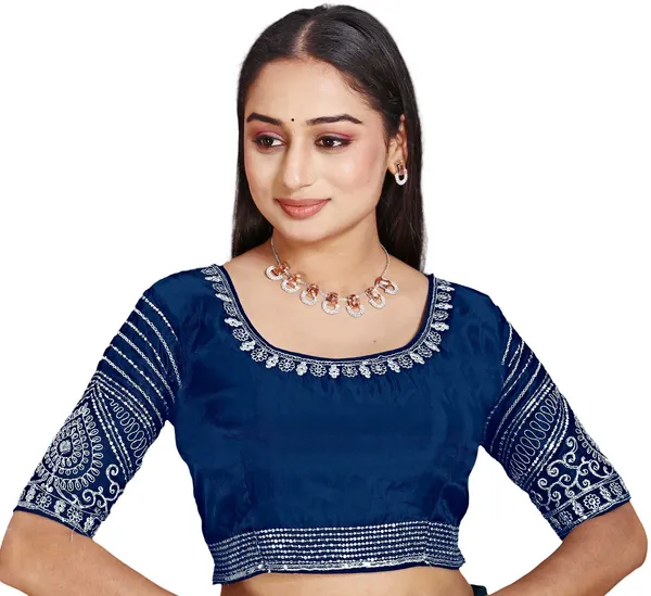 Blue_Silk_Round_Neck_Embroidered_Blouse_For_Women