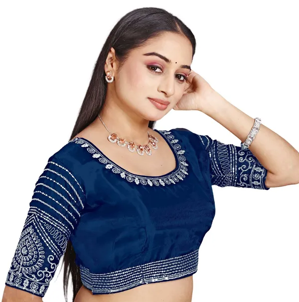 Blue_Silk_Round_Neck_Embroidered_Blouse_For_Women