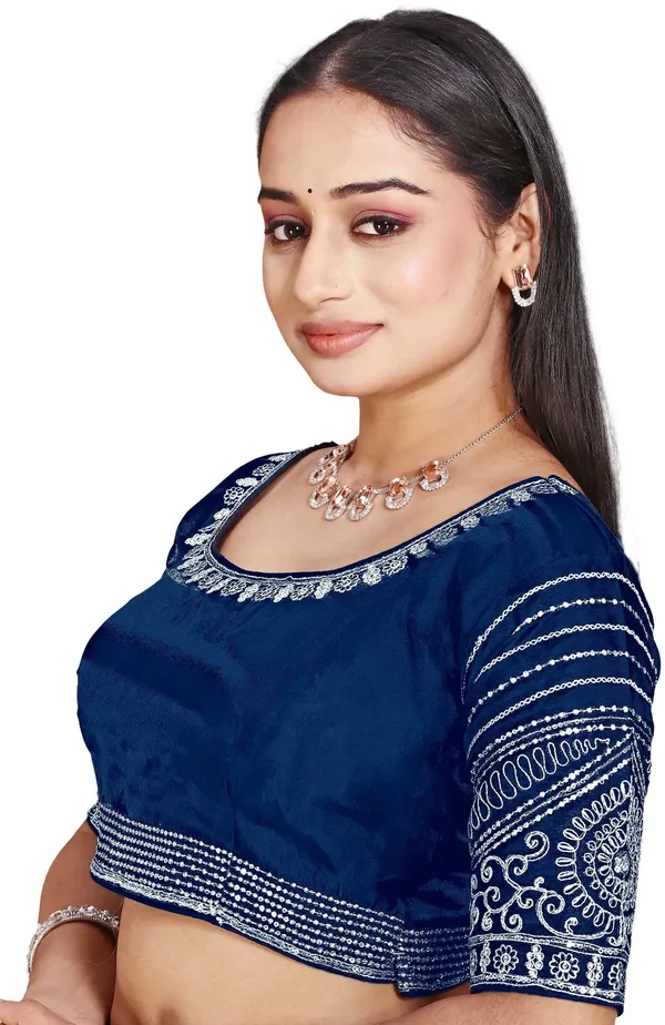 Blue_Silk_Round_Neck_Embroidered_Blouse_For_Women