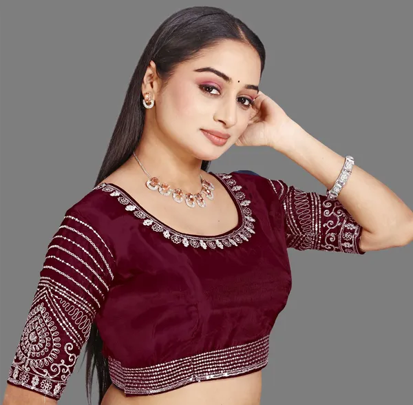 Maroon_Silk_Round_Neck_Zari_Embroidered_Blouse_For_Women