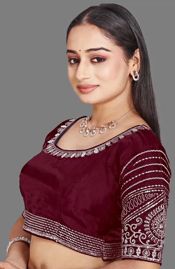 Maroon_Silk_Round_Neck_Zari_Embroidered_Blouse_For_Women