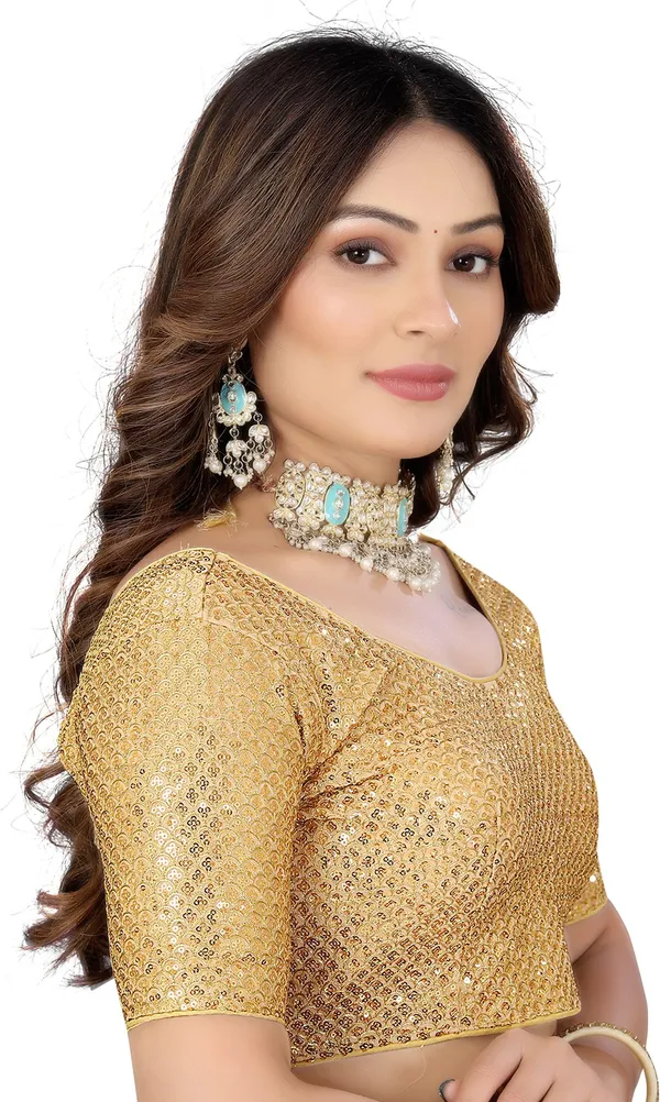 Gold_Fandy_Silk_Round_Neck_Sequin_Embroidered_Blouse_For_Women