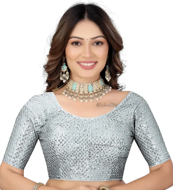 Silver_Georgette_Round_Neck_Sequince_Work_Blouse_For_Women