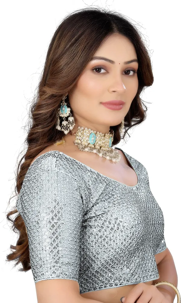 Silver_Georgette_Round_Neck_Sequince_Work_Blouse_For_Women