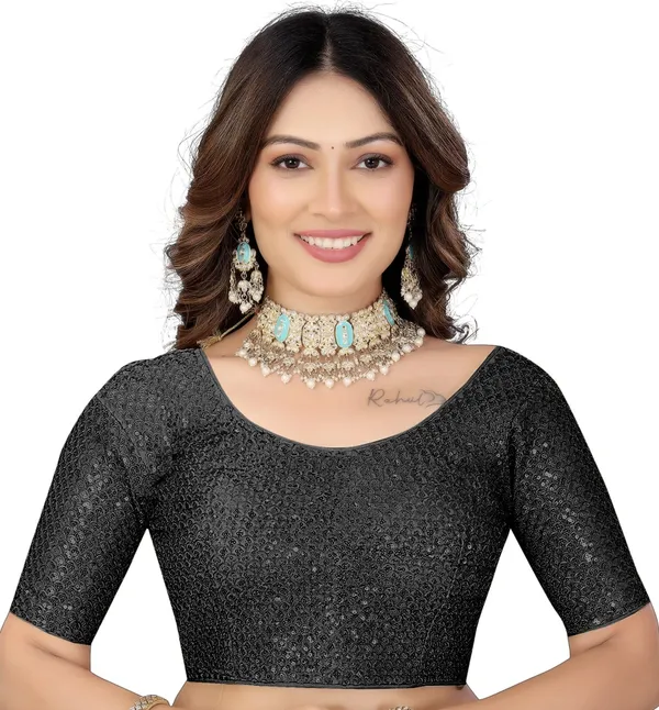 Black_Fancy_Silk_Round_Neck_Embroidered_Blouse_For_Women