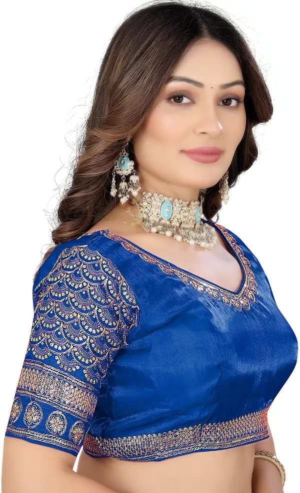 Blue_Silk_V-Neck_Zari_Embroidered_Blouse_For_Women