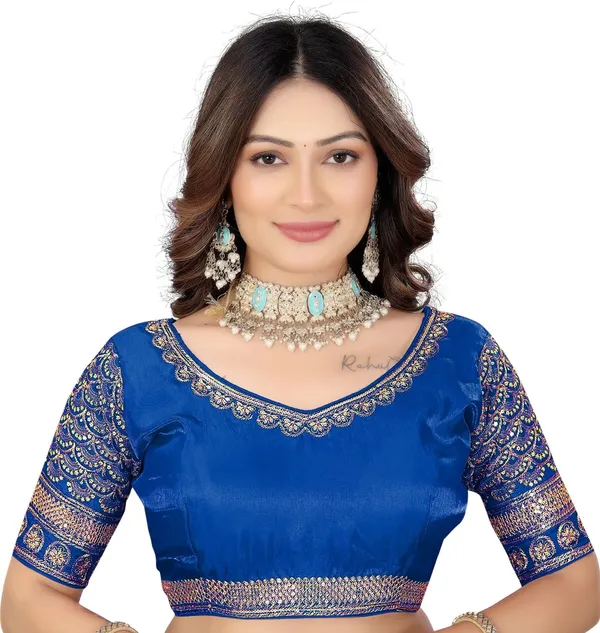 Blue_Silk_V-Neck_Zari_Embroidered_Blouse_For_Women