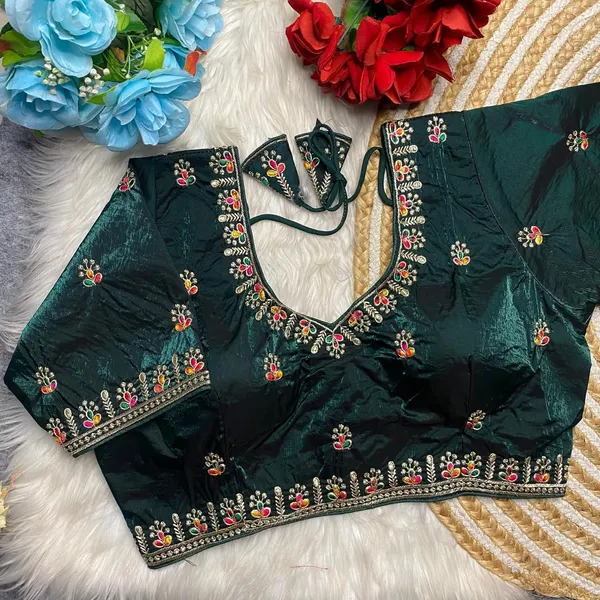 Dark_Green_Fendy_Silk_Sweetheart_Neck_Multi_Thread_Embroidery_Blouse_For_Women