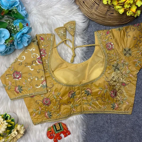 Gold_Silk_U-Neck_Blouse_For_Women