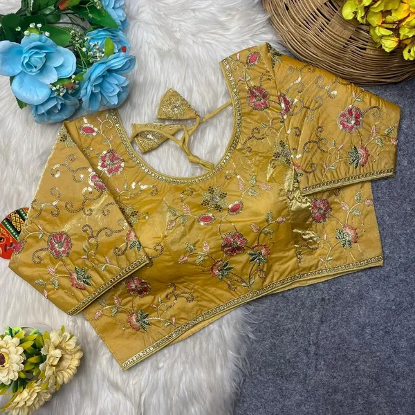 Gold_Silk_U-Neck_Blouse_For_Women