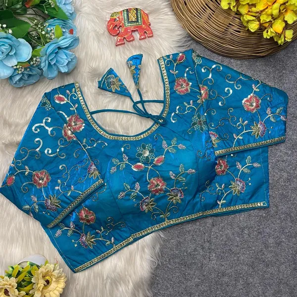 Blue_Silk_U-Neck_Blouse_For_Women