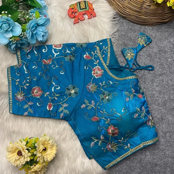 Blue_Silk_U-Neck_Blouse_For_Women