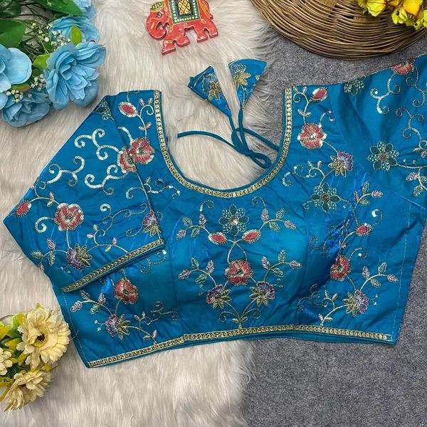Blue_Silk_U-Neck_Blouse_For_Women