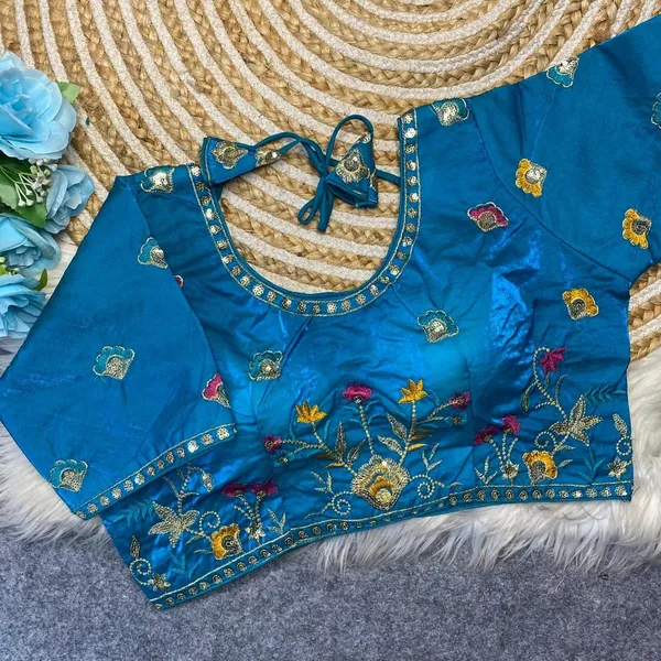 Blue_Silk_Fashion_Neck_Blouse_For_Women