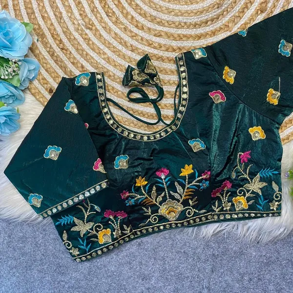 Teal_blue_Fendy_Silk_Fashion_Neck_Multi_Thread_Sequince_Embroidery_Work_Blouse_For_Women