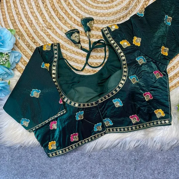Teal_blue_Fendy_Silk_Fashion_Neck_Multi_Thread_Sequince_Embroidery_Work_Blouse_For_Women