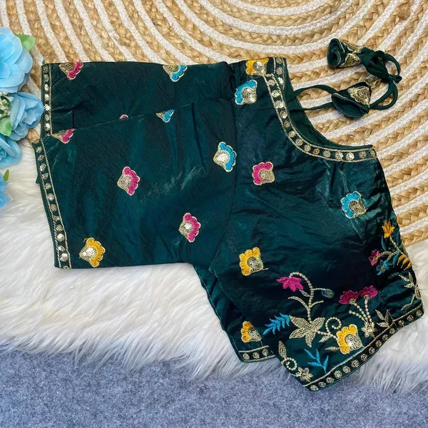 Teal_blue_Fendy_Silk_Fashion_Neck_Multi_Thread_Sequince_Embroidery_Work_Blouse_For_Women