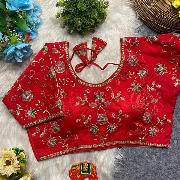 Red_Silk_U-Neck_Blouse_For_Women