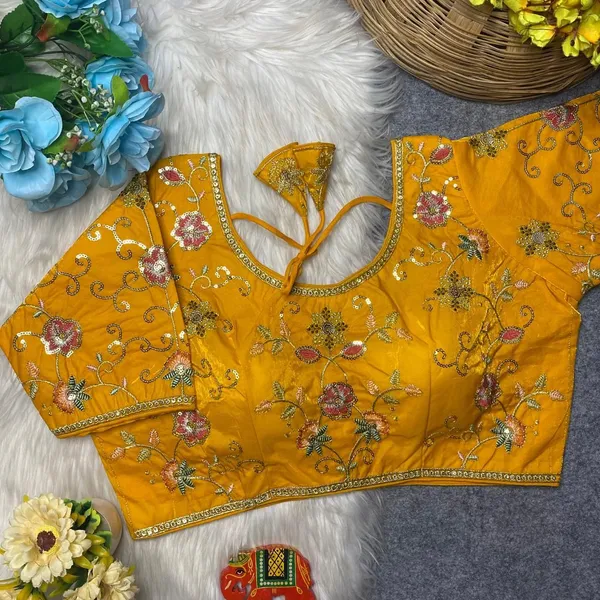 Yellow_Silk_U-Neck_Blouse_For_Women
