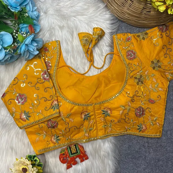 Yellow_Silk_U-Neck_Blouse_For_Women