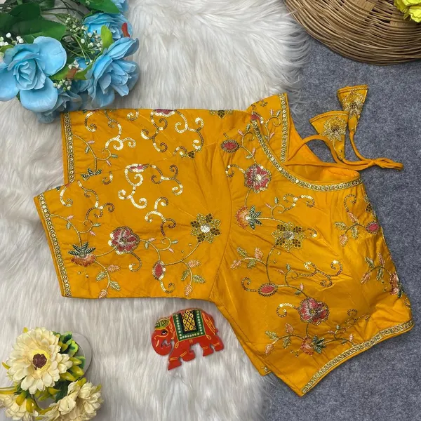 Yellow_Silk_U-Neck_Blouse_For_Women