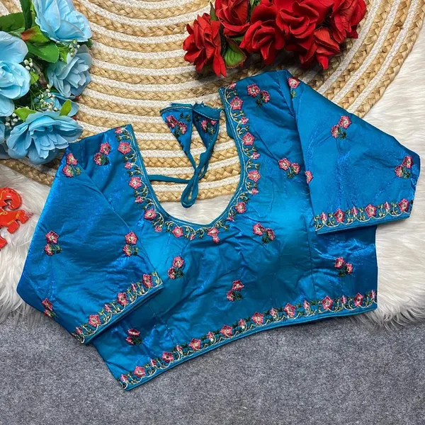 Blue_Fendy_Silk_Fashion_Neck_Multi_Thread_Embroidery_Blouse_For_Women