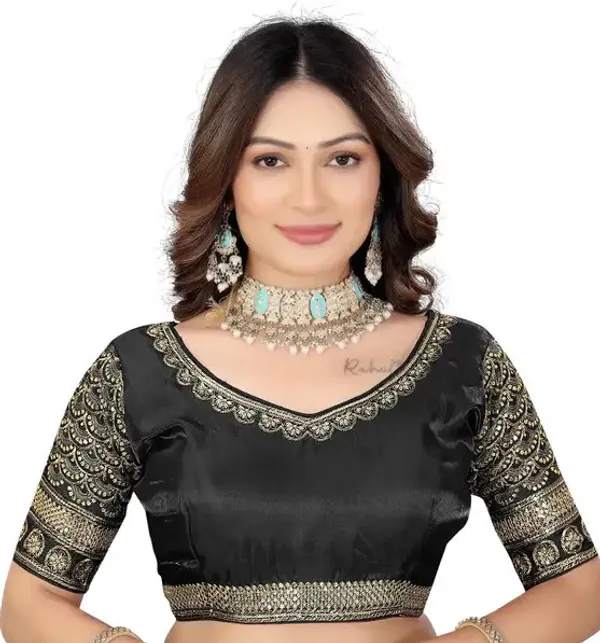 Black_Silk_Embroidered_Elbow_Sleeve_Blouse_For_Women
