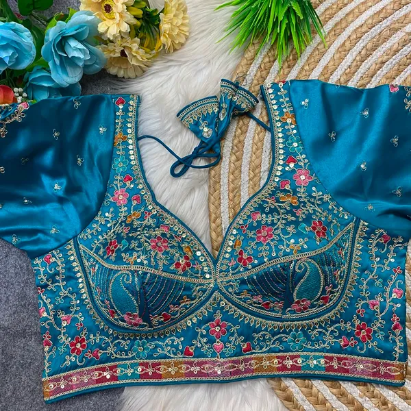 Teal_Blue_Silk_Embroidered_Blouse_For_Women
