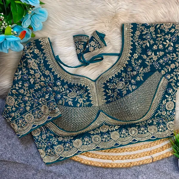 Teal_Blue_fendy_Silk_Embroidered_Floral_design_Blouse_For_Women