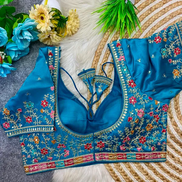 Teal_Blue_Silk_Embroidered_Blouse_For_Women