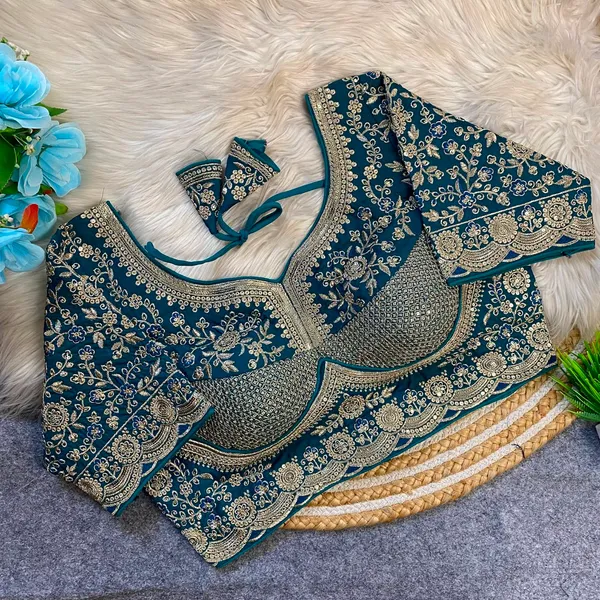 Teal_Blue_fendy_Silk_Embroidered_Floral_design_Blouse_For_Women