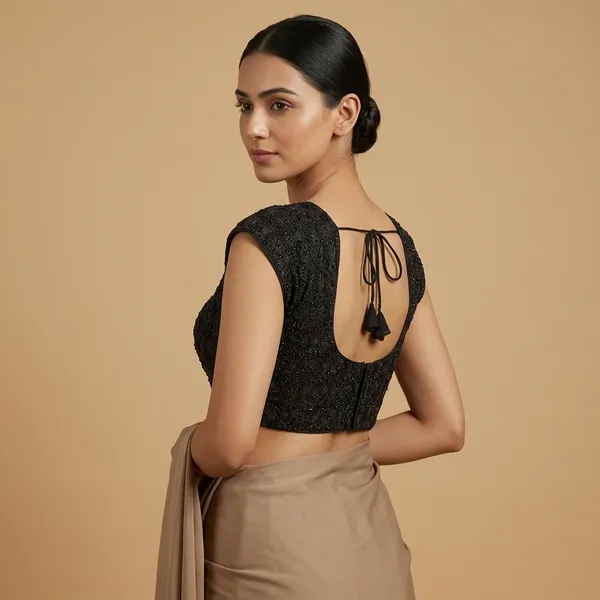 Black__Organza_Silk_Round_Neck_Embroidery_Diamond_Work_Blouse_For_Women