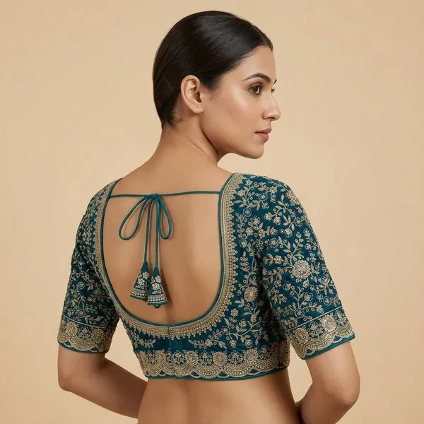 Teal_Blue_fendy_Silk_Embroidered_Floral_design_Blouse_For_Women
