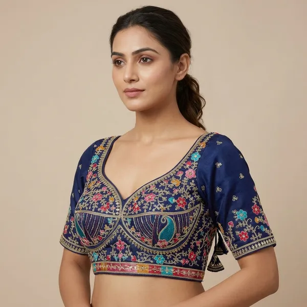Navy_Blue_Silk_Embroidered_Floral_Blouse_For_Women