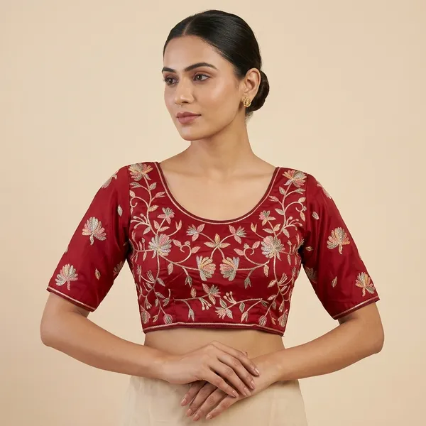 Maroon_Silk_Embroidered_Floral_Blouse_For_Women